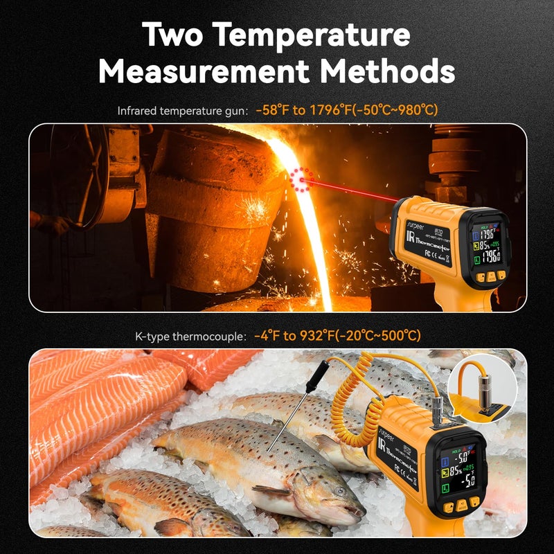 SURPEER 50:1 Infrared Thermometer IR Laser Gun, -58°F to 1796°F, Digital Temperature Gun/K-Type Probe -4°F to 932°F & Humidity Sensor for Cooking, Pizza Oven BBQ HVAC Home-Industrial Use - Image 4